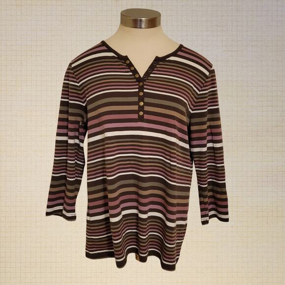 croft & barrow Tops - 90s Croft & Barrow Striped Tweed Cotton Blend Snap Button Henley Top XL 3/4 Slee